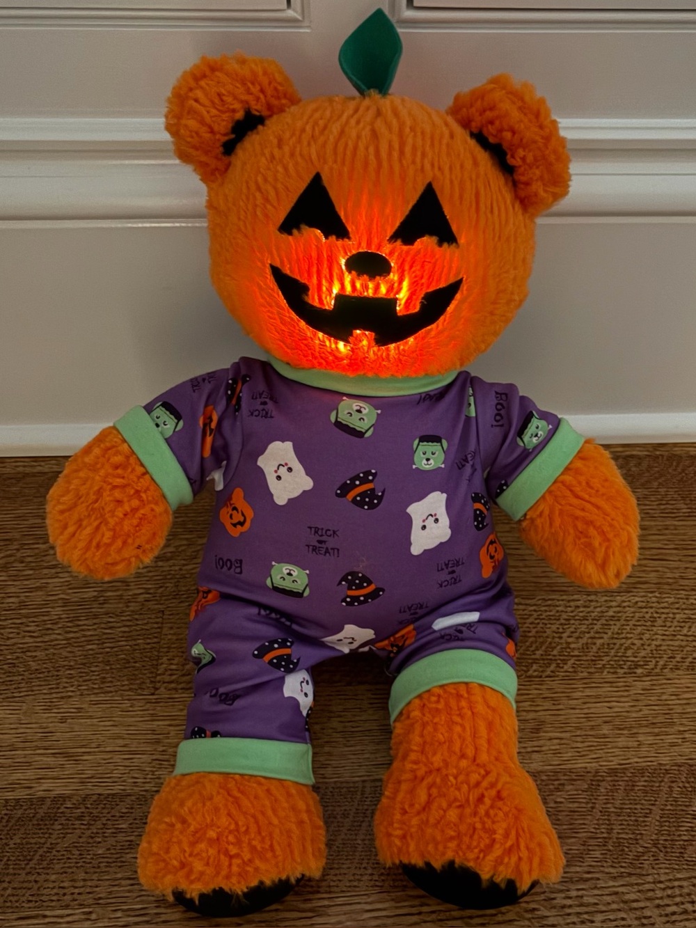 Build-A-Bear Pumpkin Glow Light Up Bear w/ Purple Halloween Pajamas - WORKING